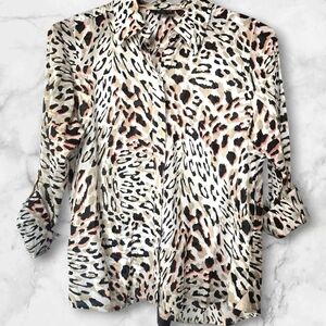Foxcroft Animal Print Button Down Shirt - Cream, Black, Tan